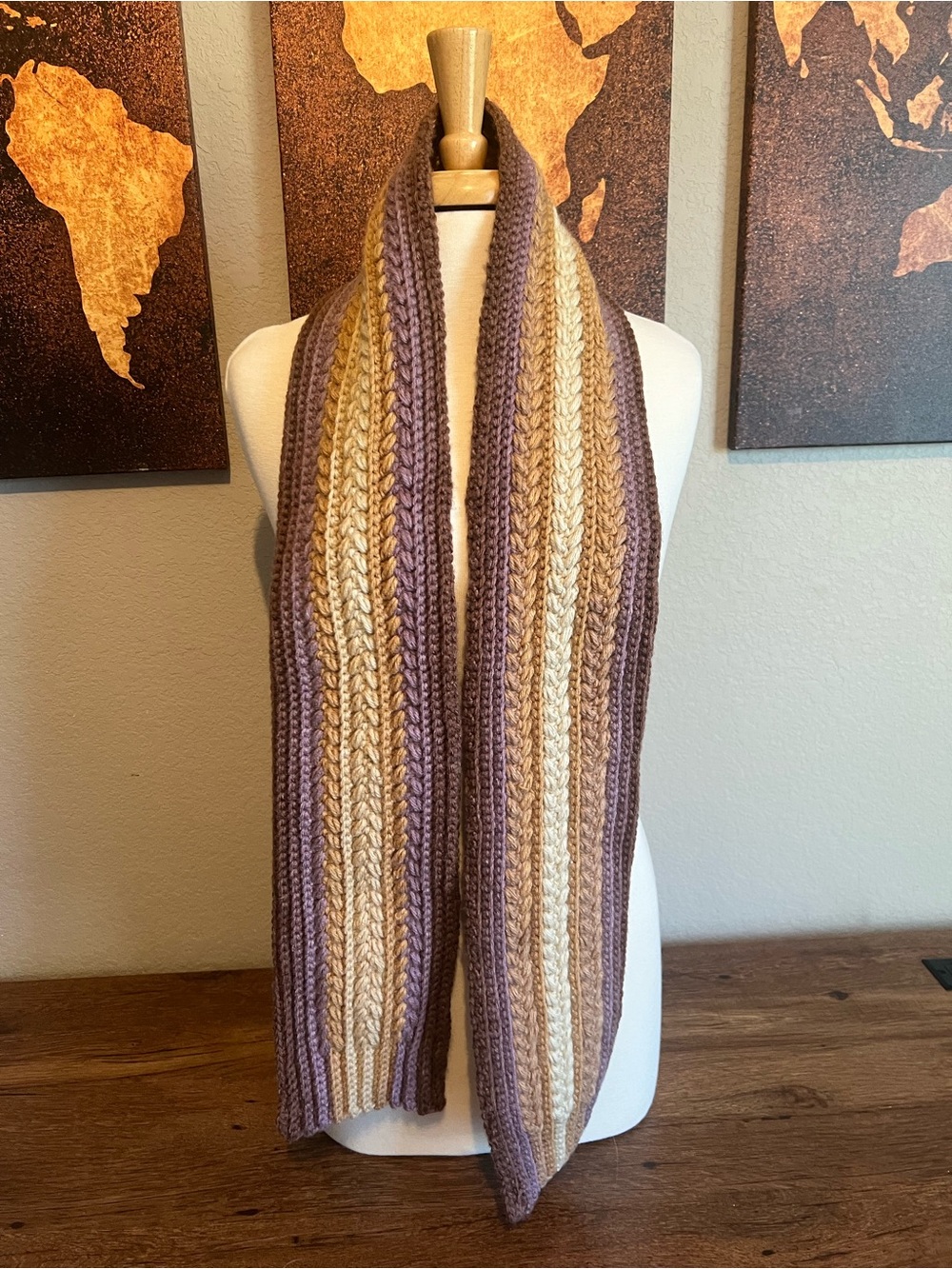 Handmade Neutral Striped Knit Scarf in Taupe and Cream